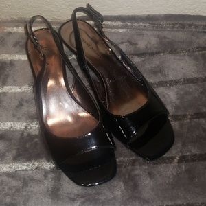 Etienne Aigner patent leather open toe wedge sanda